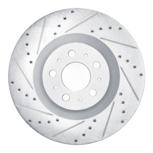 Tesla Model Y Brake Rotor (1) - Front Left - R1 Concepts - Drilled & Slotted - Silver - `20-`25